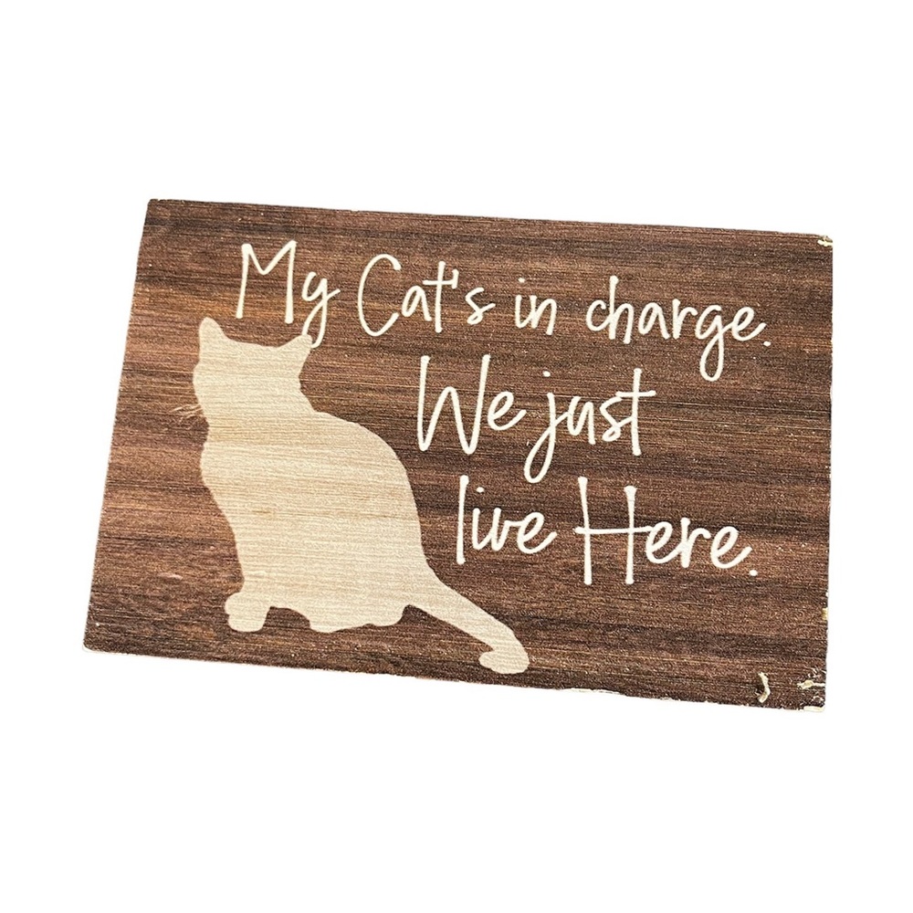 Rustic Brown Cat Wood Sign - "My Cat's in Charge"